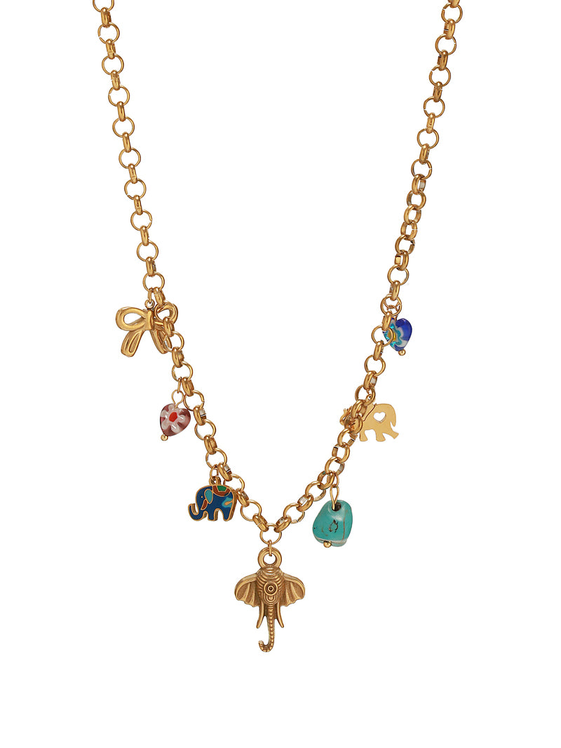 The charm chain with miniature elephant charms on a white background is in the image