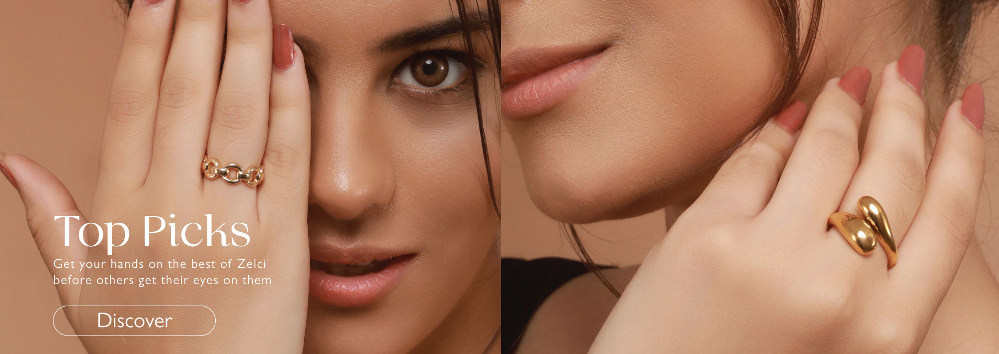 The banner image displays Zelci's 'Top Picks' rings with 'Discover' button