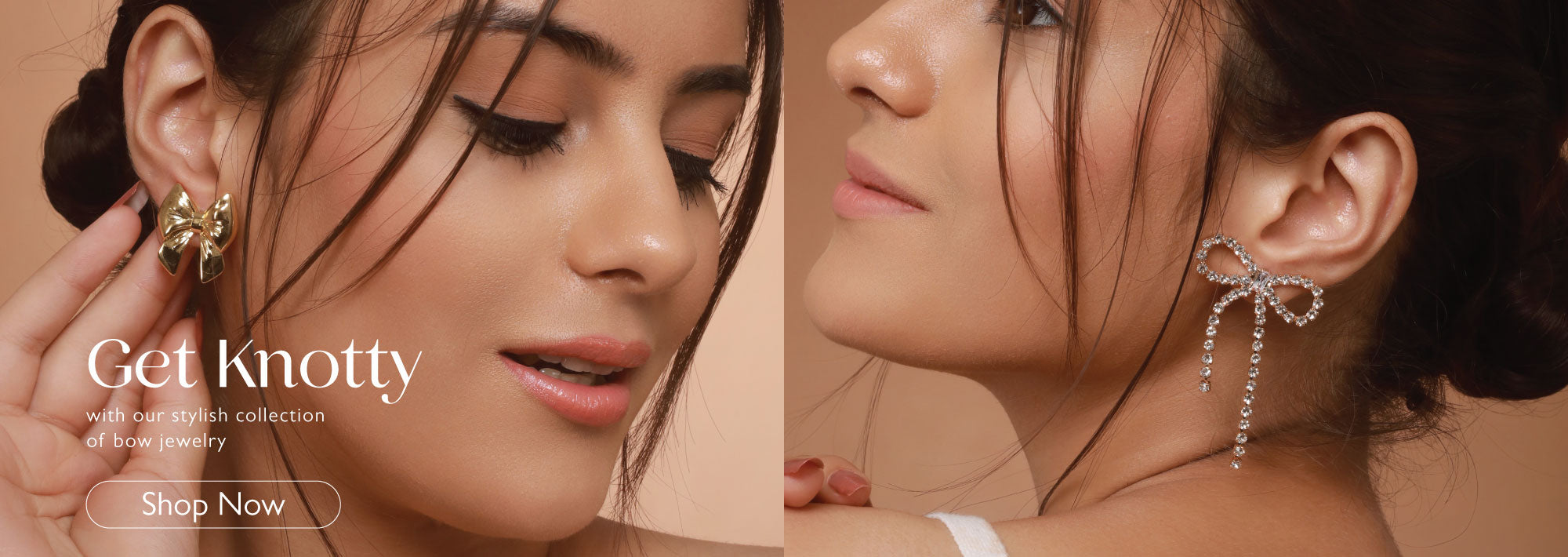A model is featured with Zelci's bow jewellery with 'Shop Now' button in the banner image