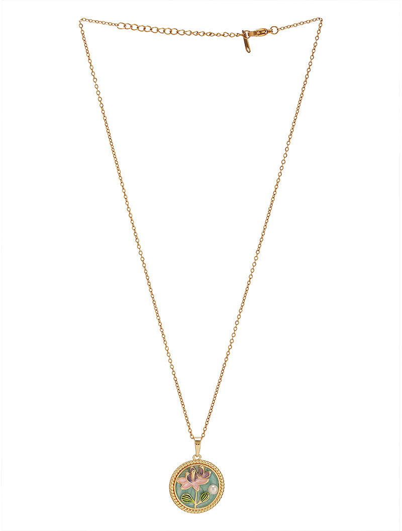 Elegant view of Zelci’s Cameo Pendant is viewed against white backdrop
